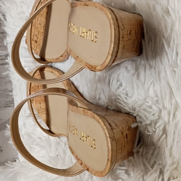 New Stuart Weitzman Aleena Nude Cork Wedge Square Toe Side Slip On Sandals 8B - Picture 12 of 16